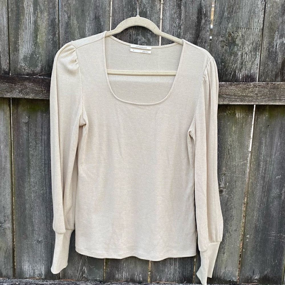By Anthropologie‎ Cream Puff Sleeve Ribbed Long Sleeve| S